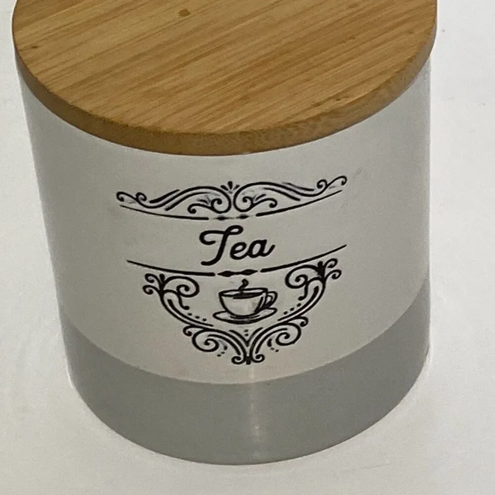 Pfaltzgraff Gray & White Tea‎ Canister with Wooden Bamboo Lid Kitchen Storage